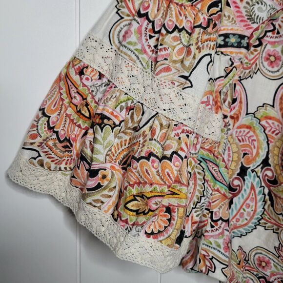 Hale Bob Linen Top Small Paisley Floral Lace Tasseled Tie Neck Boho - Picture 3 of 10